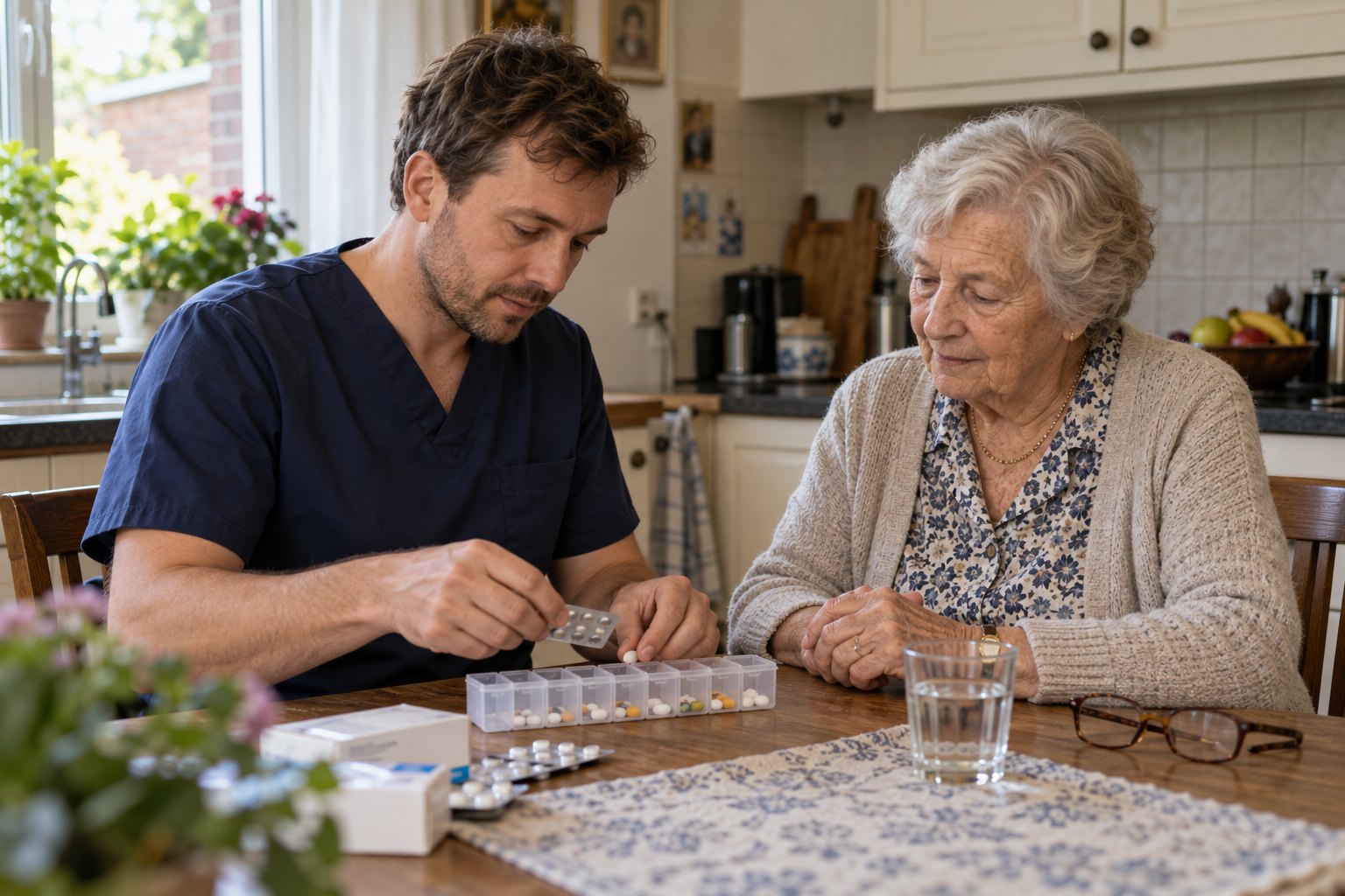 Een thuisverpleegkundige zet samen met een oudere vrouw aan de keukentafel haar medicatie voor de week klaar.